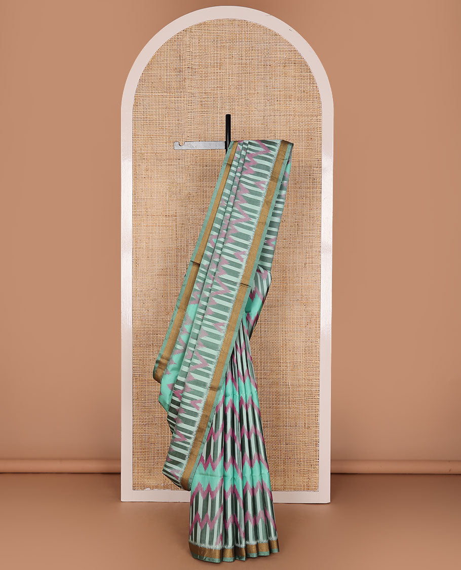 Blue chevron design pure ikkat saree, plain border & contrast geometric patterned pallu