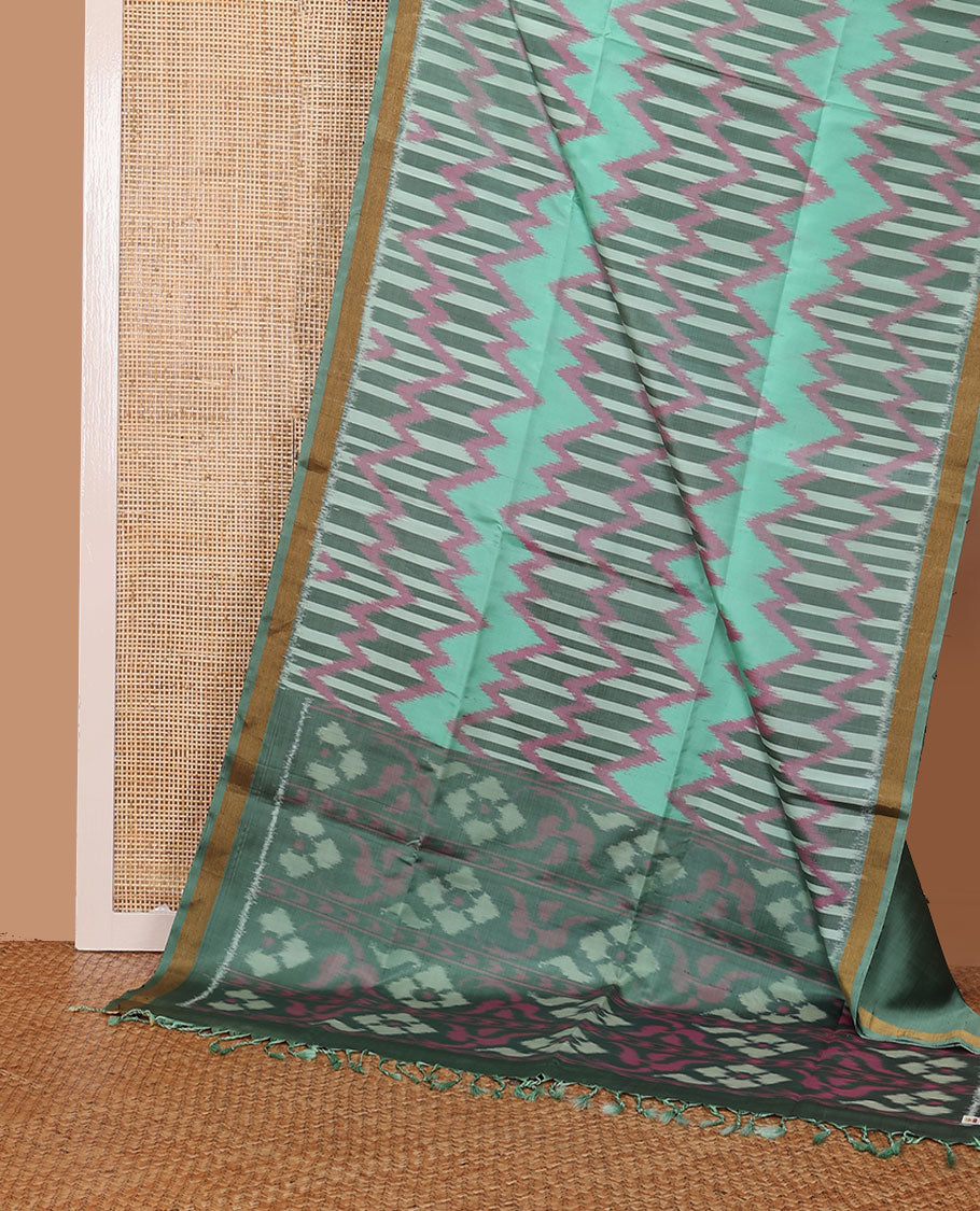 Blue chevron design pure ikkat saree, plain border & contrast geometric patterned pallu