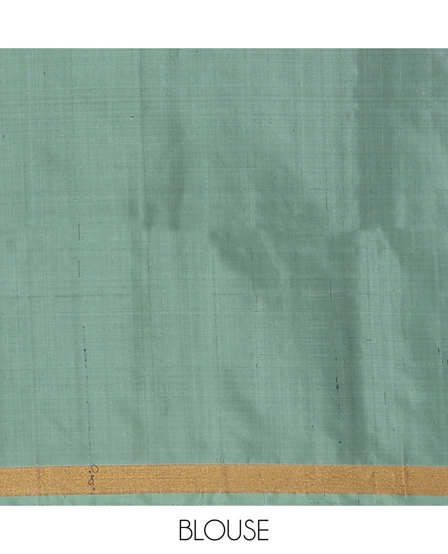 Blue chevron design pure ikkat saree, plain border & contrast geometric patterned pallu