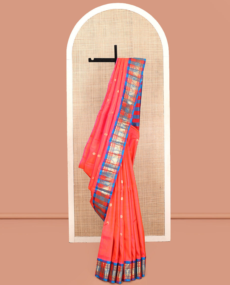Pink-Peach Kanchipuram Silk Saree, Detailed with Zari Buttas, Contrast Korvai Traditional Border, Checked Pallu of Zari Design, and No Blouse