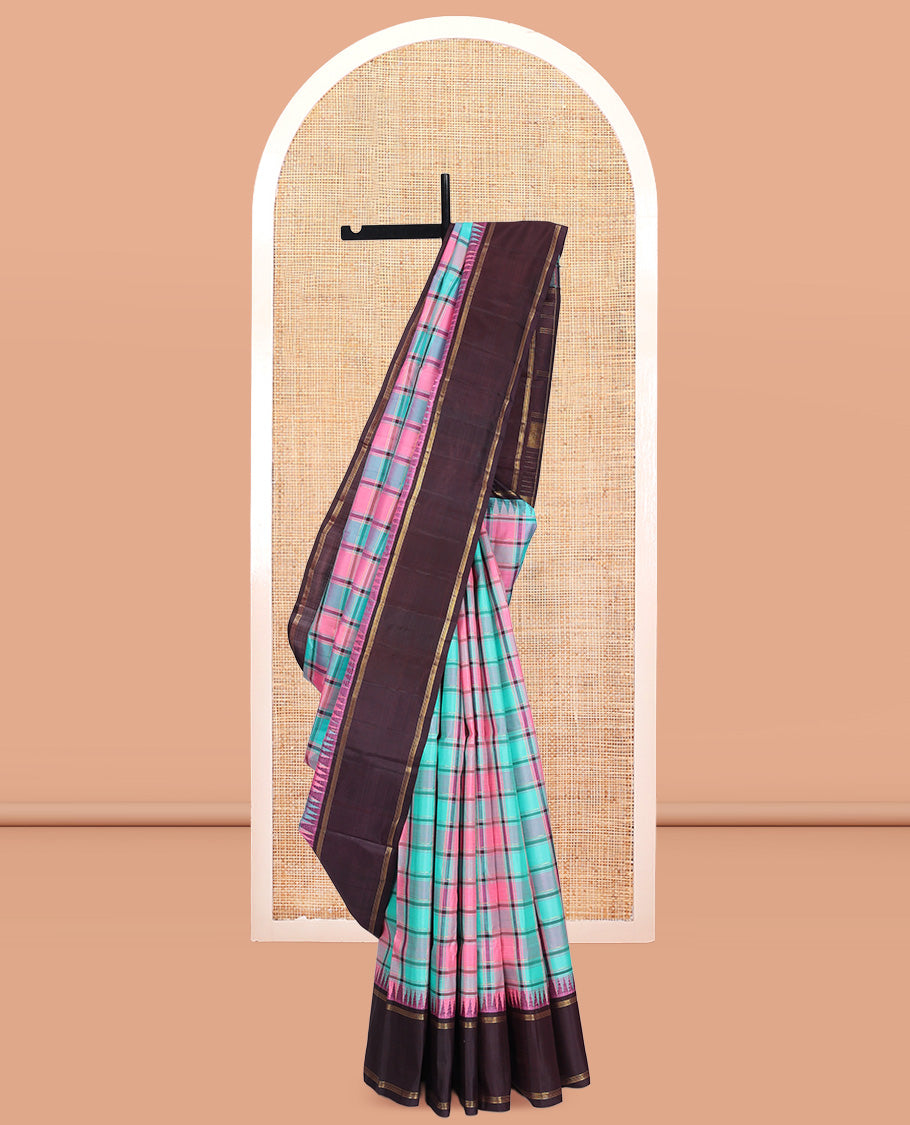 Multi-Color Checked Kanchipuram Silk Saree, Complemented by a Contrast Temple Bodi Border, Zari Striped Pallu, and Contrast Blouse