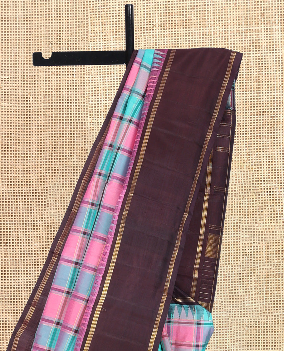Multi-Color Checked Kanchipuram Silk Saree, Complemented by a Contrast Temple Bodi Border, Zari Striped Pallu, and Contrast Blouse