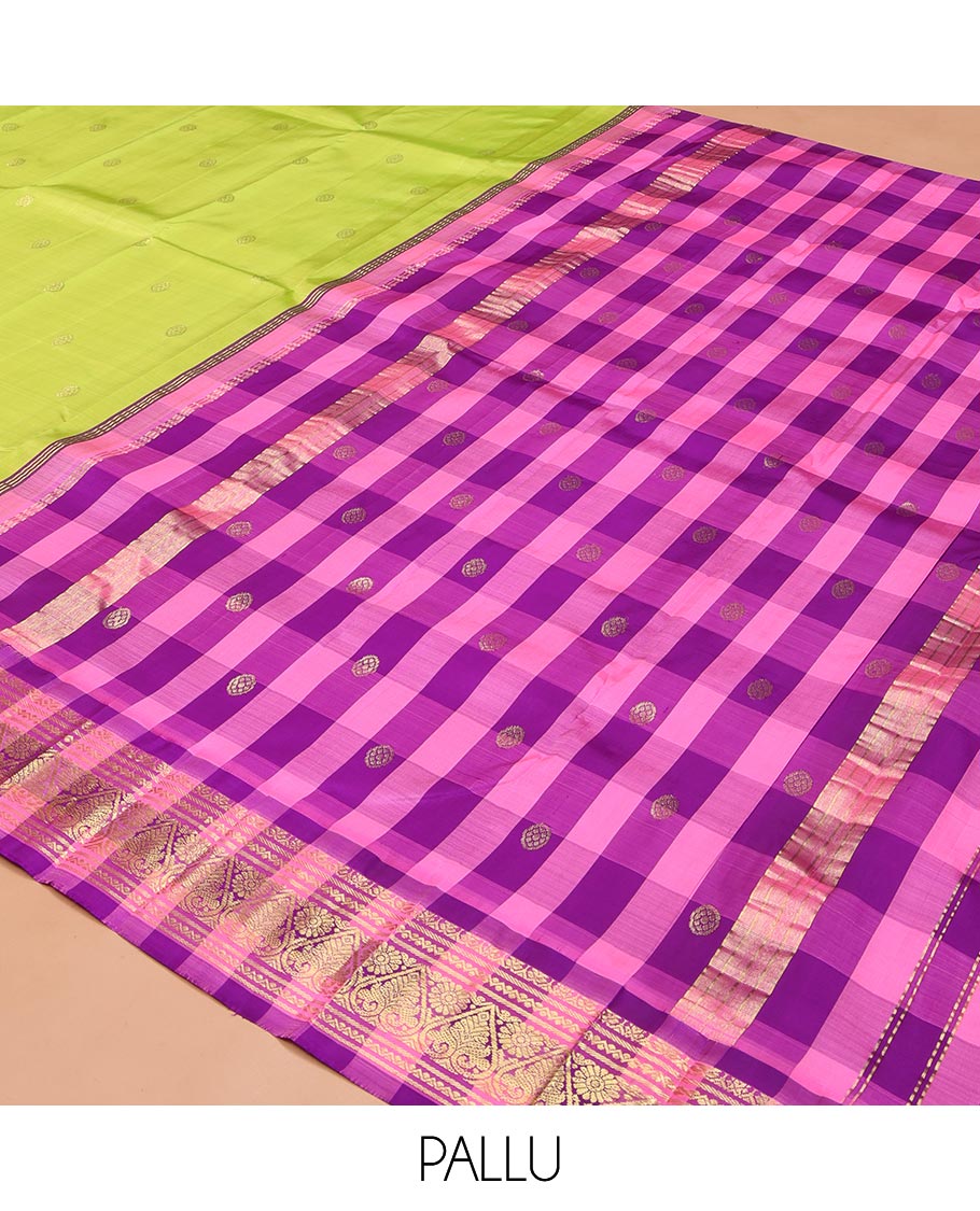 Green Kanchipuram Silk Saree, Embellished with Zari Buttas on Its Body, Complemented by a Contrast One-Sided Korvai Checked Border of Zari Designs, Pallu Features Zari Designs, and Comes Without a Blouse
