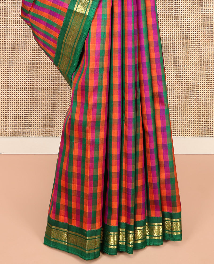 Multi-Color Palum Pazhamum Checked Kanchipuram Silk Saree, Complemented by a Contrast Korvai One-Sided Border of Banaras and Jaal Designs, Zari Design Pallu, and No Blouse