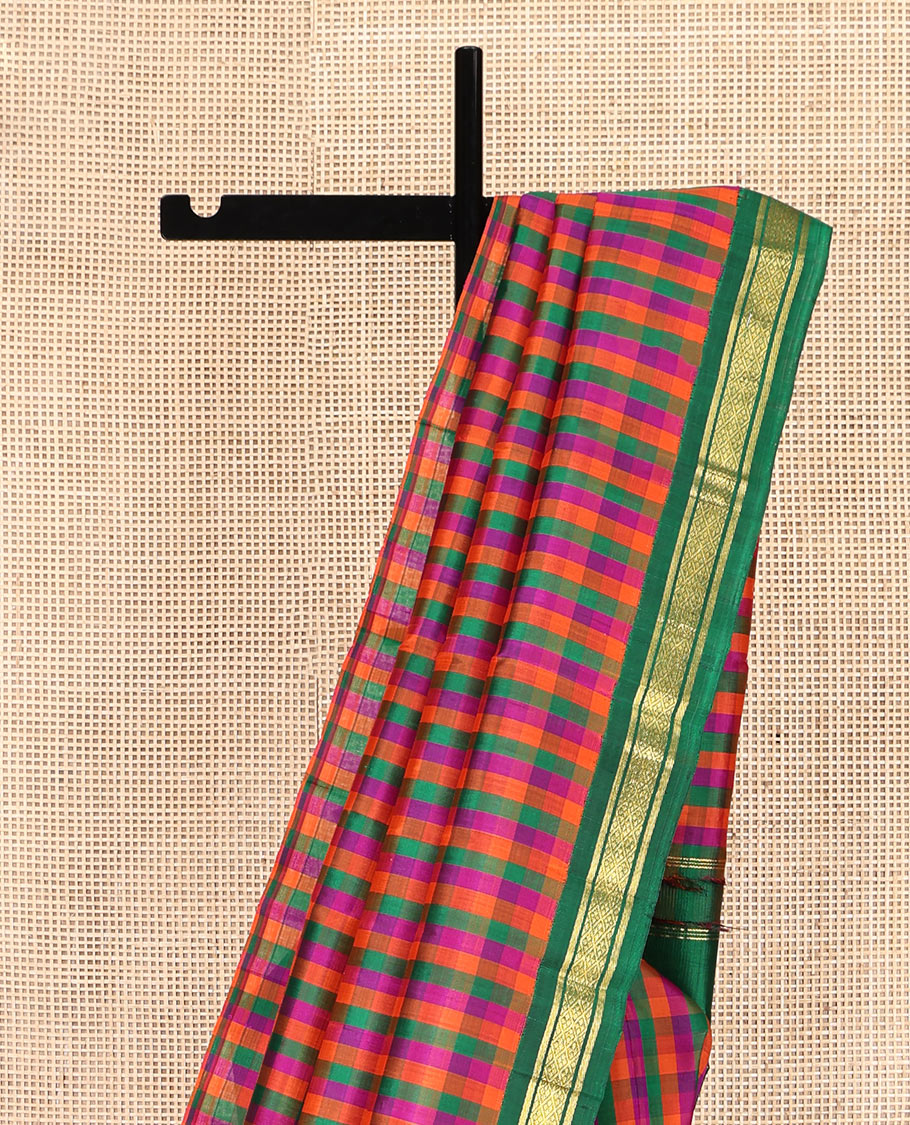 Multi-Color Palum Pazhamum Checked Kanchipuram Silk Saree, Complemented by a Contrast Korvai One-Sided Border of Banaras and Jaal Designs, Zari Design Pallu, and No Blouse