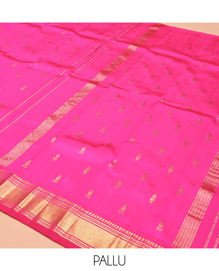Pink Kanchipuram Silk Saree, Graced with Zari Buttas, Highlighted by a One-Sided Border of Panner Sombu, Banaras, Muthu, and Jaal Designs, Grand Pallu, and No Blouse