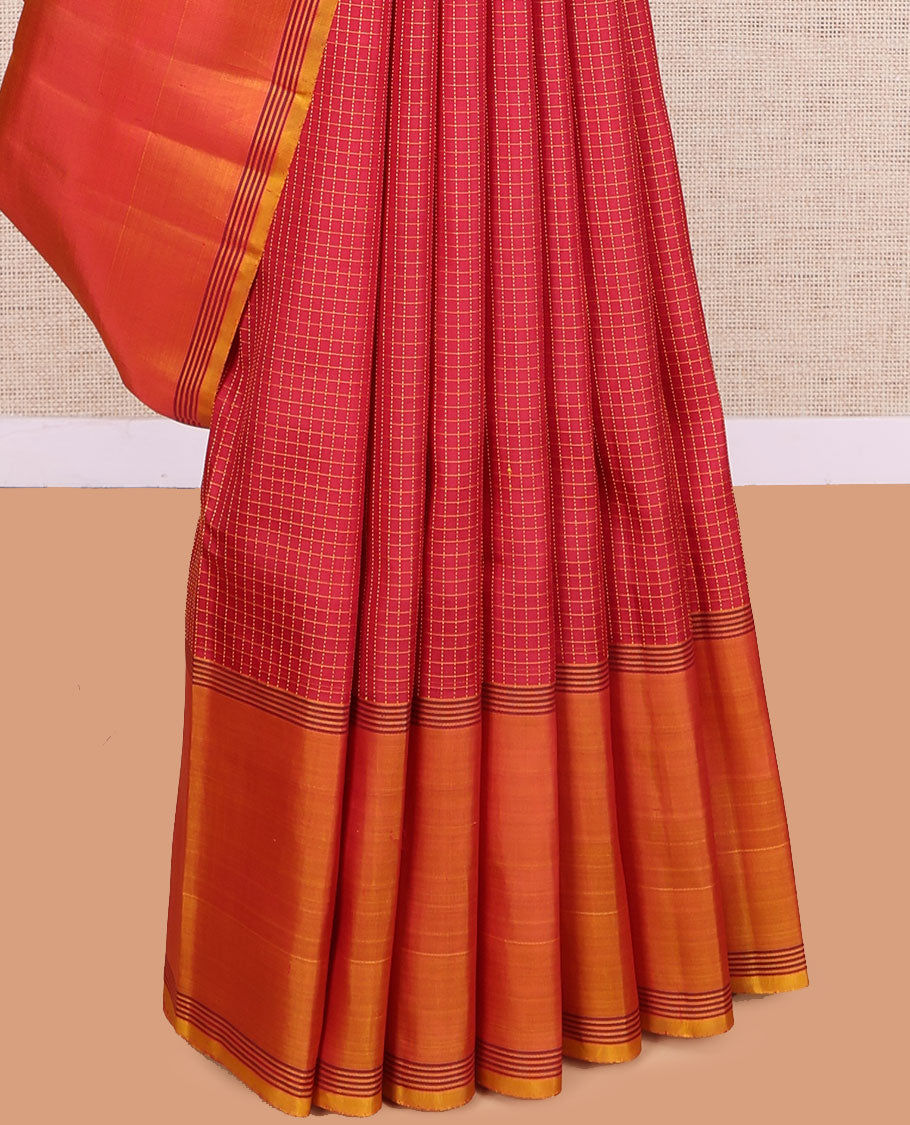 Red Muthu Kattam Kanchipuram Silk Saree, Complemented by Contrast Bodi Border, Striped Pallu, and a Contrast Blouse