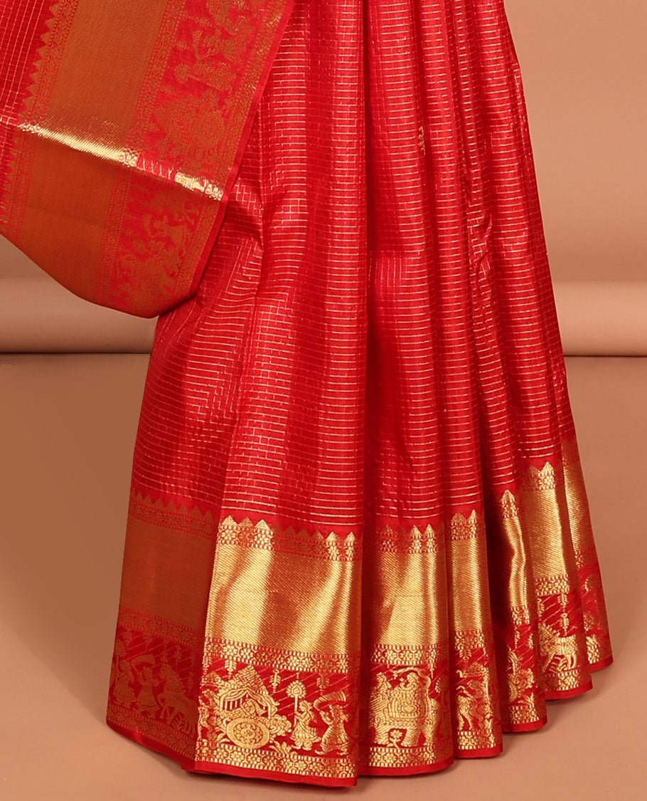 Red checked with floral buttas kancheepuram silk saree, self wedding design border & intricate jaal zari pallu