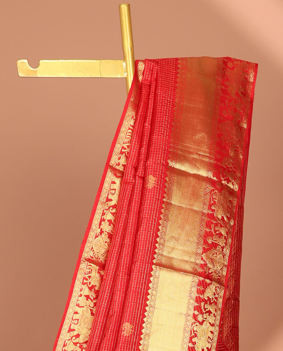 Red checked with floral buttas kancheepuram silk saree, self wedding design border & intricate jaal zari pallu