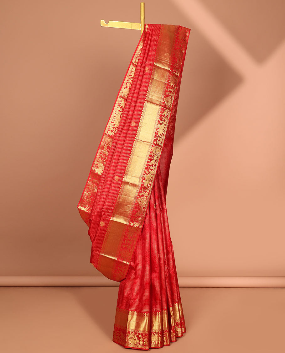 Red checked with floral buttas kancheepuram silk saree, self wedding design border & intricate jaal zari pallu