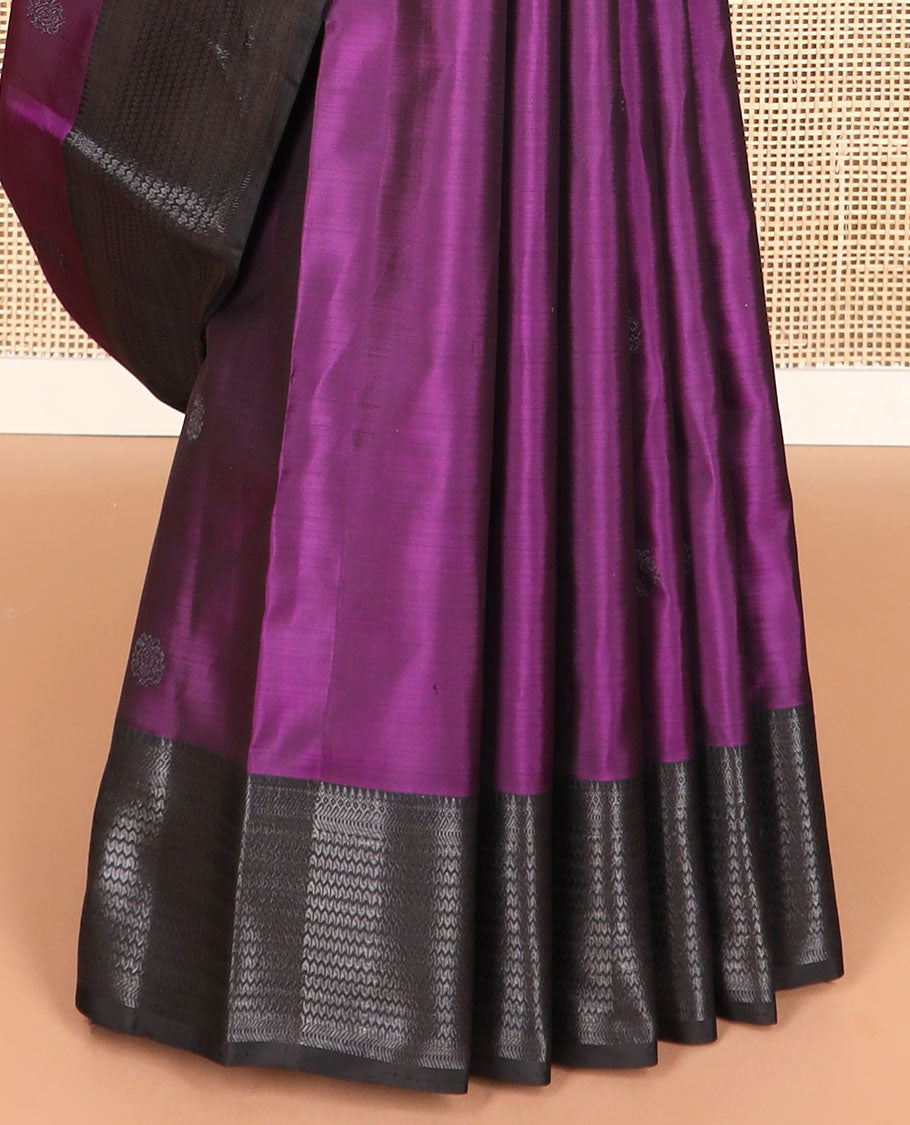Violet buttas kancheepuram silk saree with self border of thilakam mokku, muthu, banaras design & zari design pallu