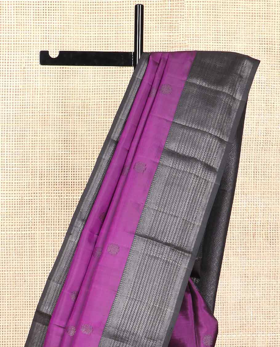 Violet buttas kancheepuram silk saree with self border of thilakam mokku, muthu, banaras design & zari design pallu