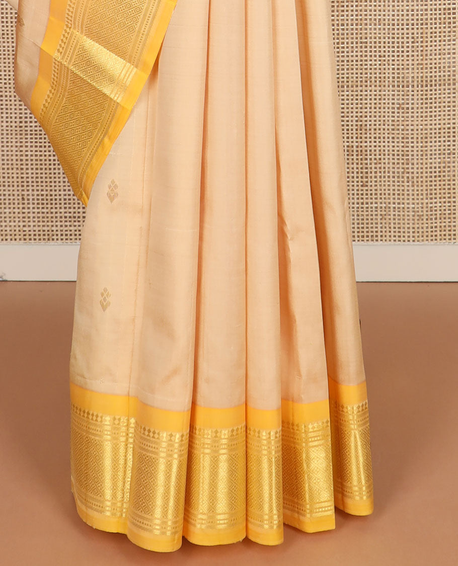 Sandal zari buttas Kanchipuram silk saree, contrast one-sided border of paneer sombu,banaras,muthu & jaal design & zari design pallu