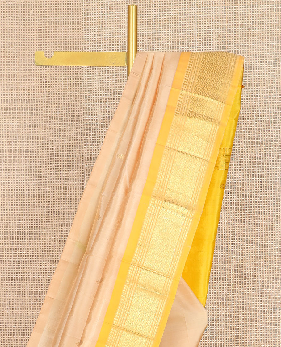 Sandal zari buttas Kanchipuram silk saree, contrast one-sided border of paneer sombu,banaras,muthu & jaal design & zari design pallu