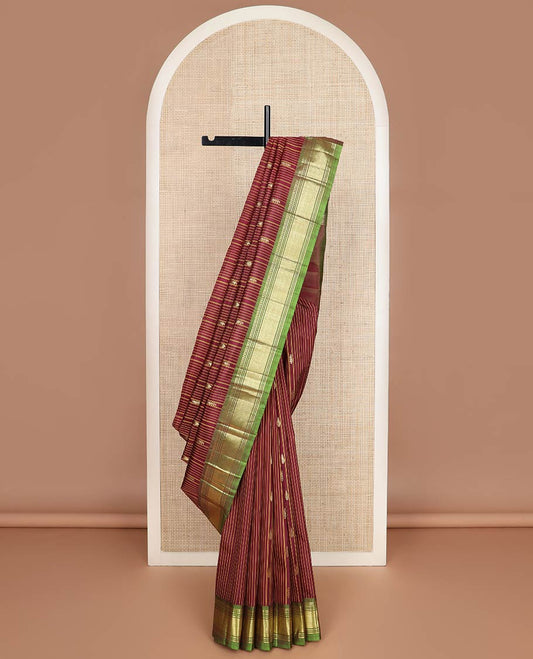 Maroon striped & zari buttas kanchipuram silk saree, contrast one-sided zari border of salngai,banaras,muthu & jaal & zari design pallu