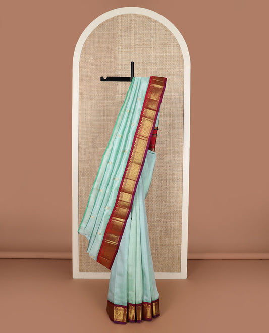 Green zari buttas Kanchipuram silk saree, contrast korvai border of banaras, muthu & jaal design & zari design pallu