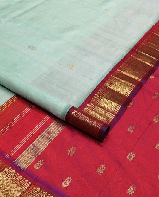 Green zari buttas Kanchipuram silk saree, contrast korvai border of banaras, muthu & jaal design & zari design pallu