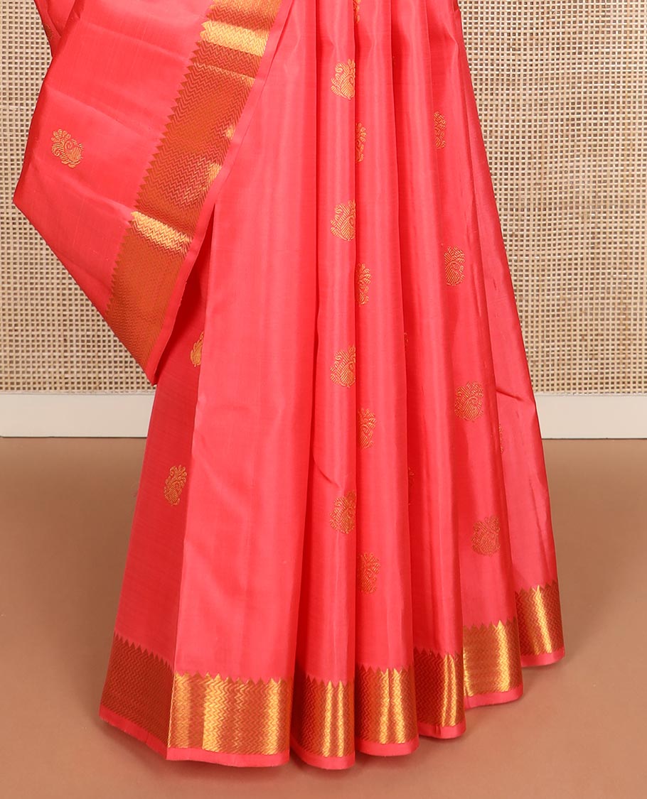 Pink zari buttas Kanchipuram silk saree, zari border of rekku, banaras, and vanki designs, and pallu of buttas enclosed checks