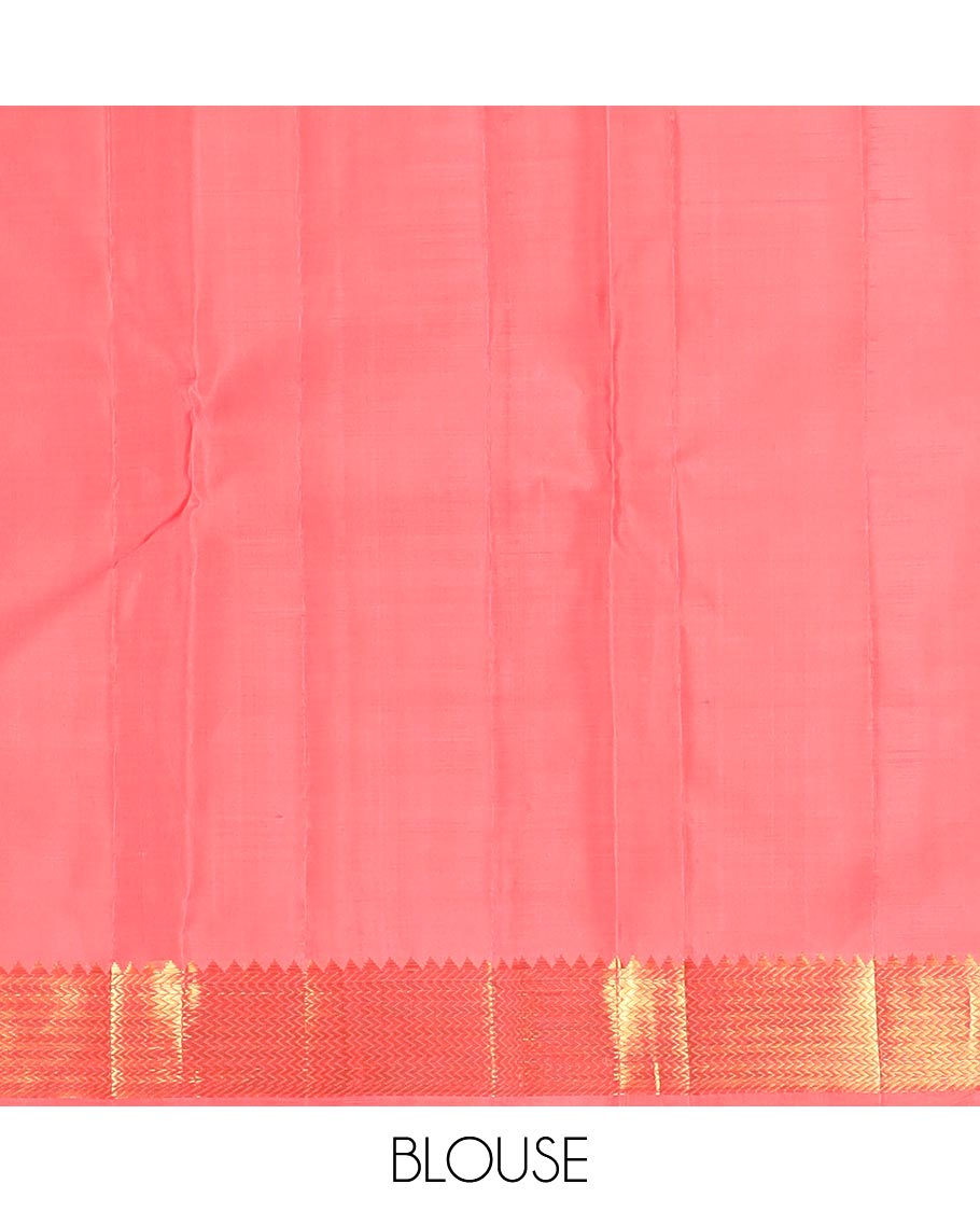 Pink zari buttas Kanchipuram silk saree, zari border of rekku, banaras, and vanki designs, and pallu of buttas enclosed checks