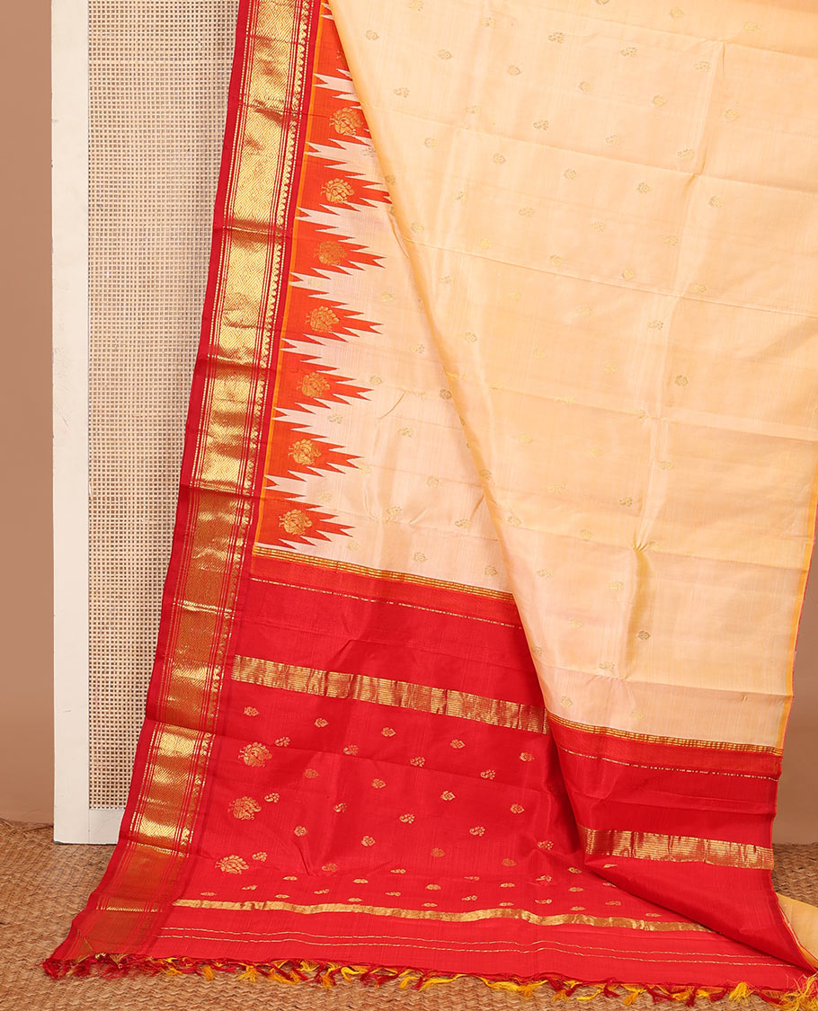 Cream zari buttas Kanchipuram silk saree, contrast one-sided thazampoo rekku traditional zari design border and zari design pallu