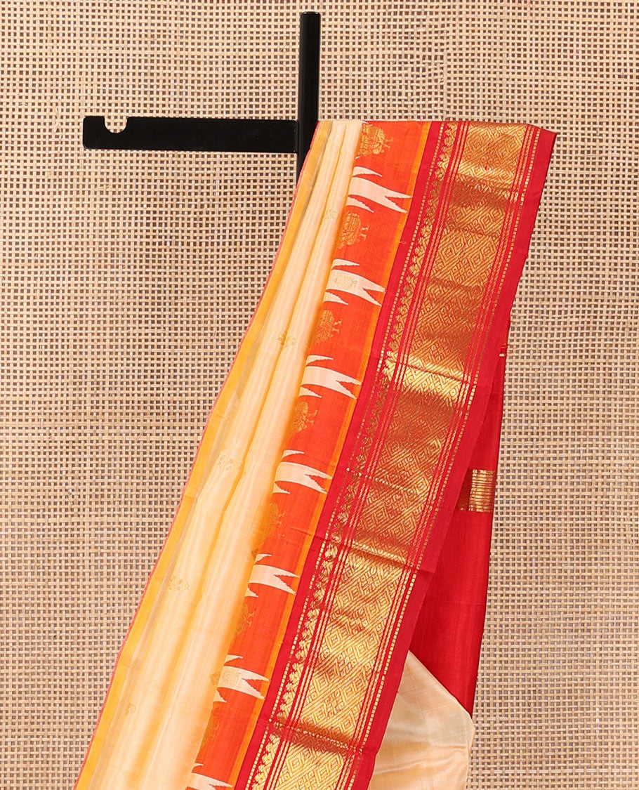Cream zari buttas Kanchipuram silk saree, contrast one-sided thazampoo rekku traditional zari design border and zari design pallu