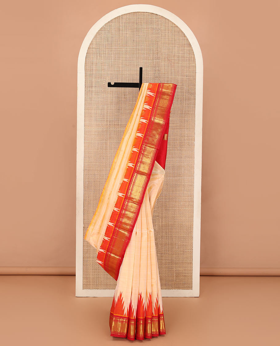 Cream zari buttas Kanchipuram silk saree, contrast one-sided thazampoo rekku traditional zari design border and zari design pallu