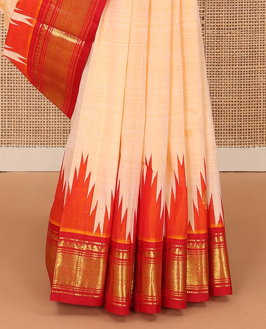 Cream zari buttas Kanchipuram silk saree, contrast one-sided thazampoo rekku traditional zari design border and zari design pallu