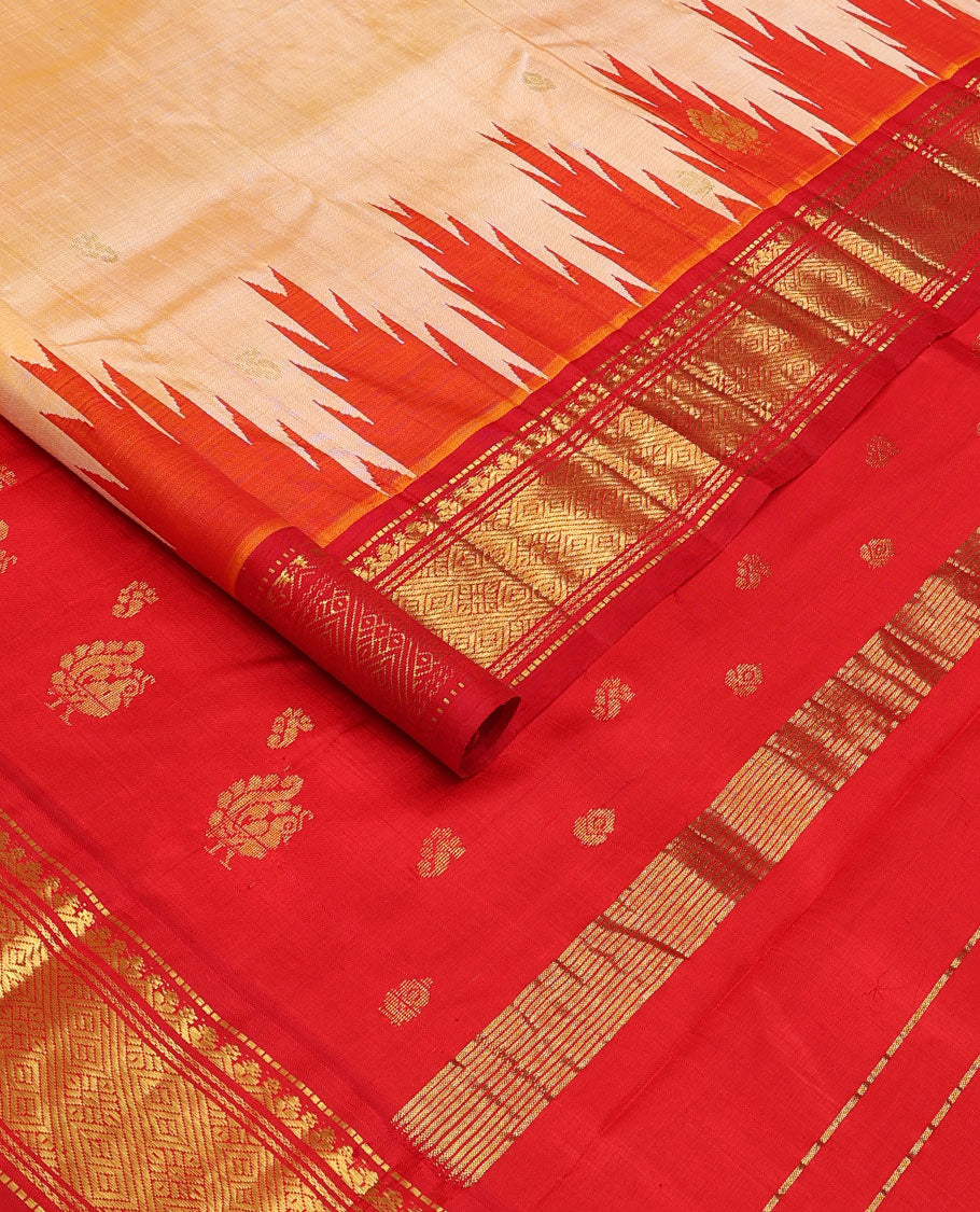 Cream zari buttas Kanchipuram silk saree, contrast one-sided thazampoo rekku traditional zari design border and zari design pallu