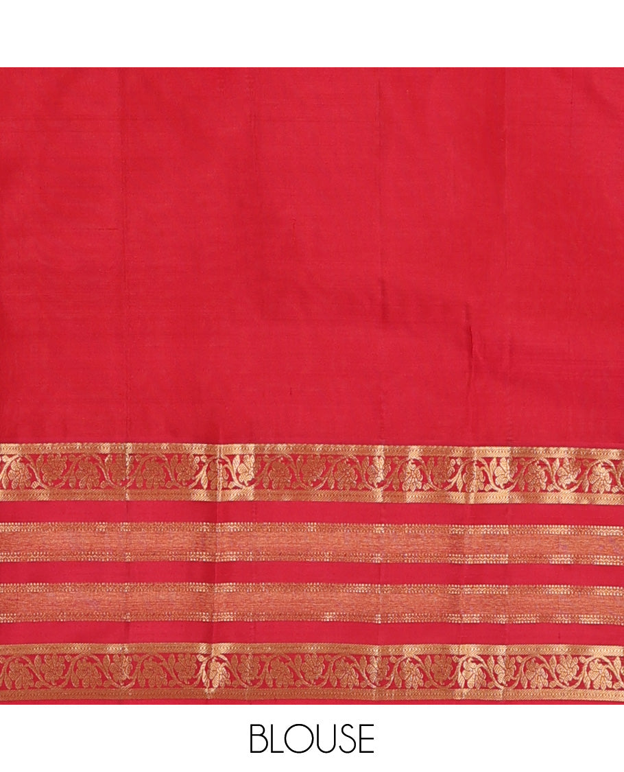 Yellow plain Kanchipuram silk saree, contrast border of muthu, neli, and kodi visiry designs, and diagonally woven pallu