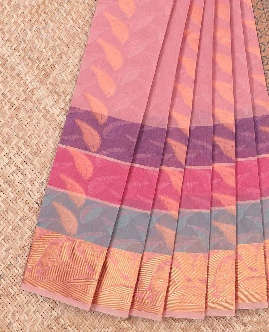 Light pink leaf design kora cotton saree contrast floral vine design border & ogee zari design pallu