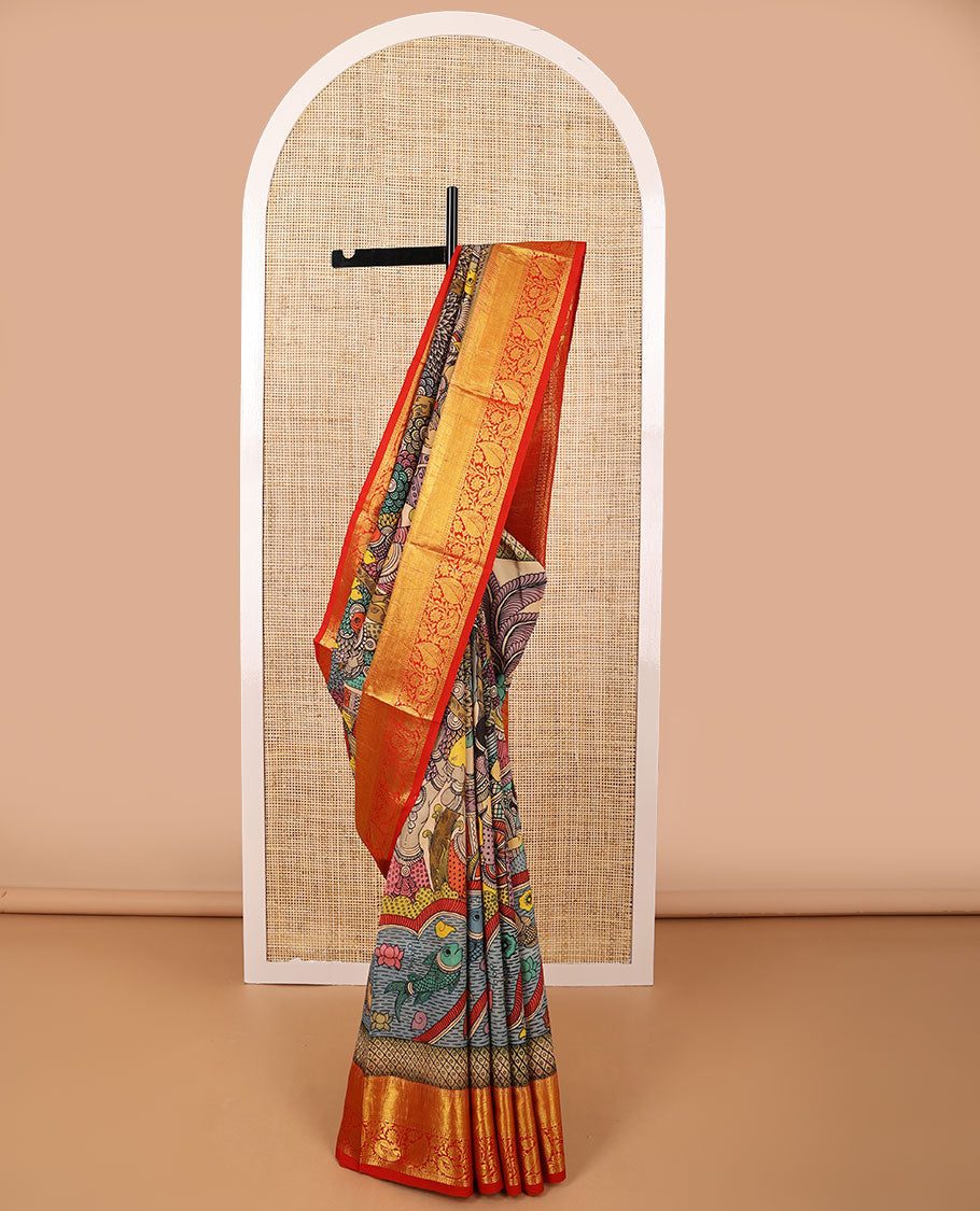 Cream human, floral design kalamari silk saree with contrast zari design border & jaal design pallu