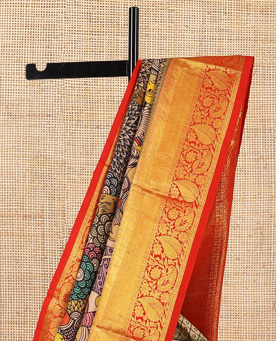 Cream human, floral design kalamari silk saree with contrast zari design border & jaal design pallu