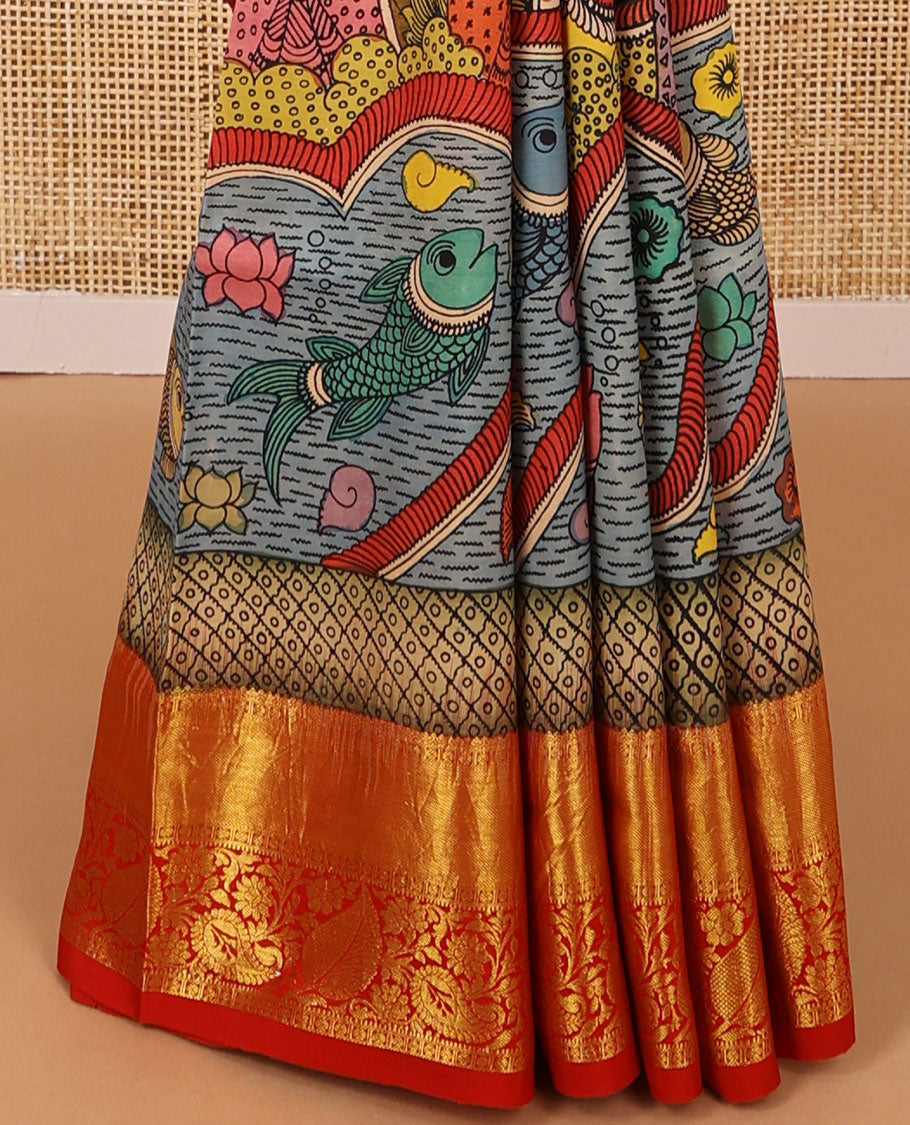 Cream human, floral design kalamari silk saree with contrast zari design border & jaal design pallu