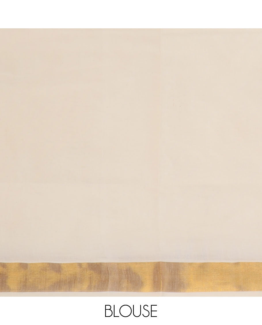 Cream plain design Kerala saree, zari border, and zari pallu