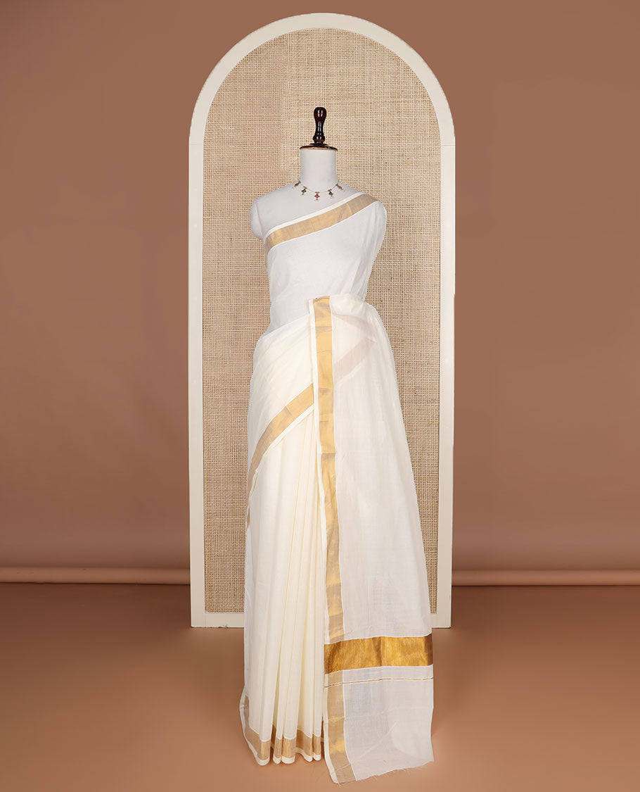 Cream plain design Kerala saree, zari border, and zari pallu