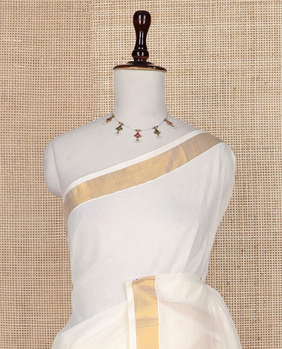 Cream plain design Kerala saree, zari border, and zari pallu