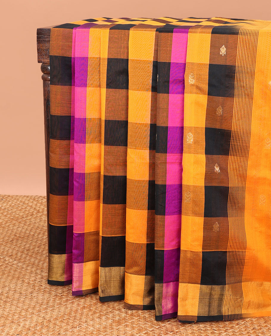 Multi-color checked kuppadam cotton saree with all-over buttas, self-border & pallu of stripes