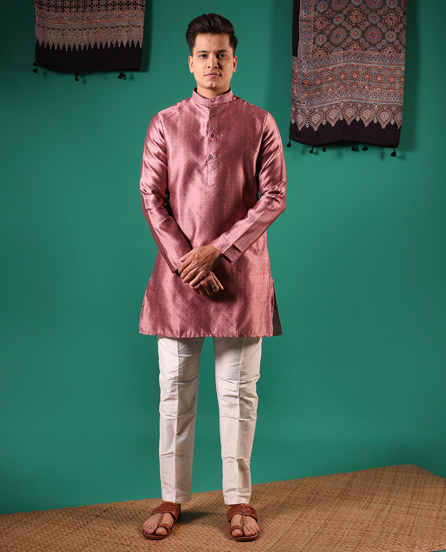Pink peacock eye style diamond patterns embossed full-sleeved men's kurta