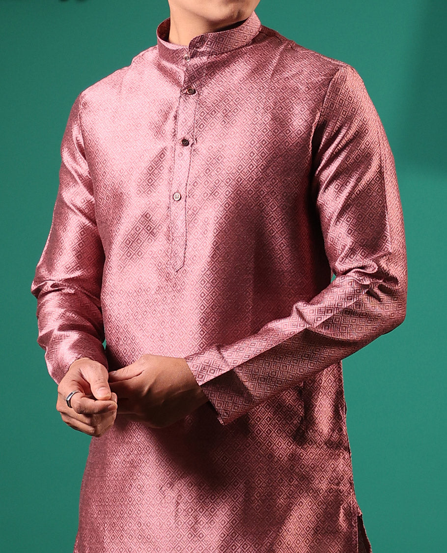 Pink peacock eye style diamond patterns embossed full-sleeved men's kurta