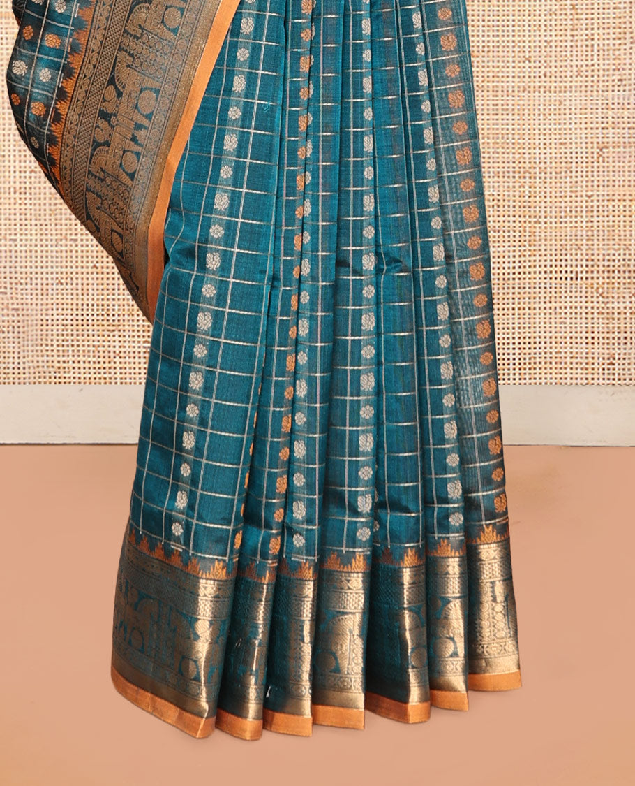 Blue Buttas-Checked Kuppadam Silk Saree, a Semi-Contrast Zari Border, Grand Pallu, a Matching Blouse