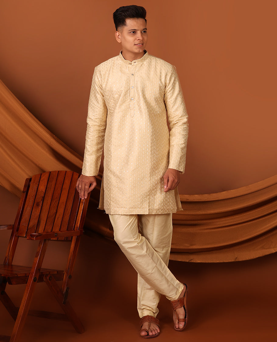 Sandal Sequins-Thread Jaal-Design Embroidered Full-Sleeved Men's Kurta