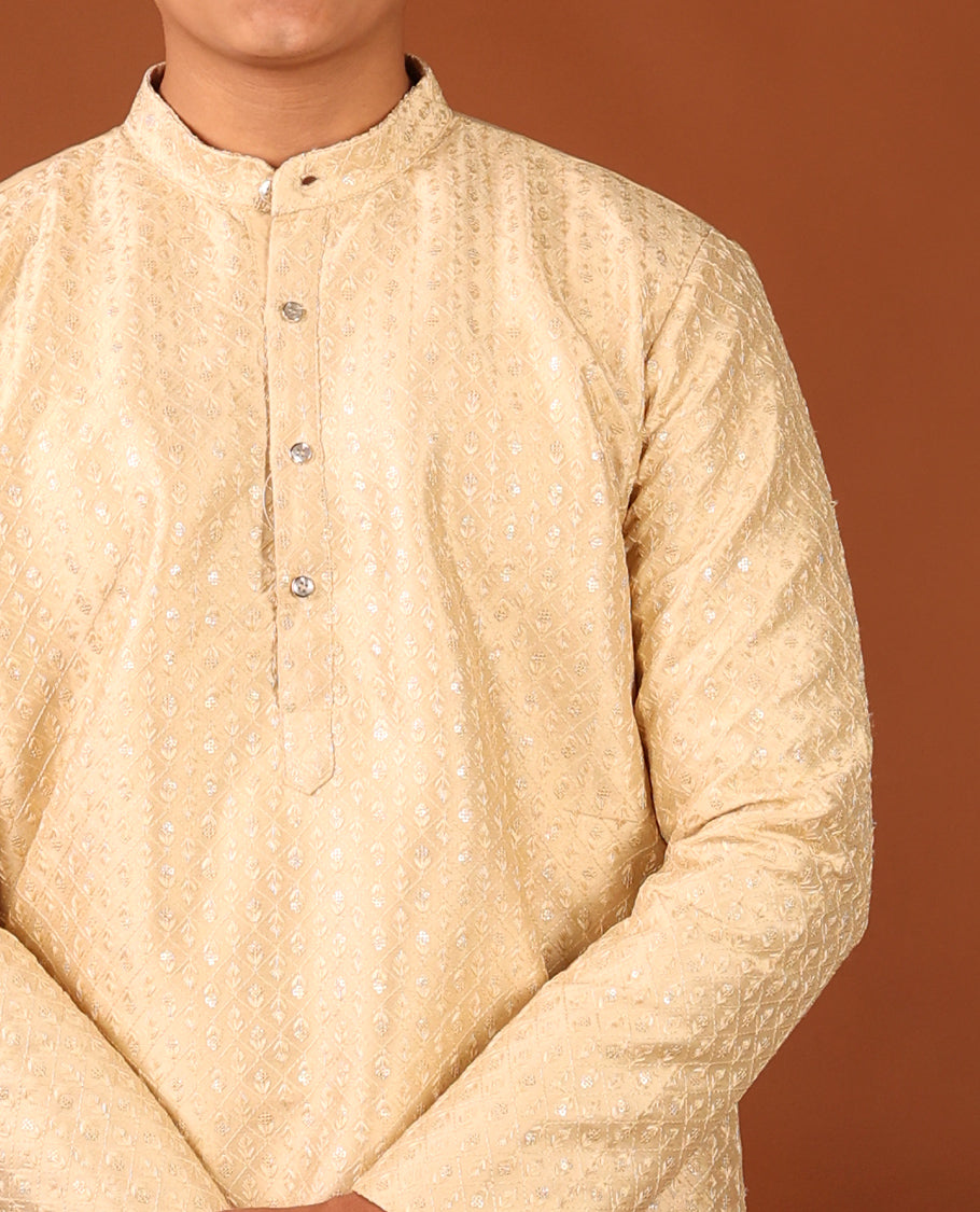 Sandal Sequins-Thread Jaal-Design Embroidered Full-Sleeved Men's Kurta