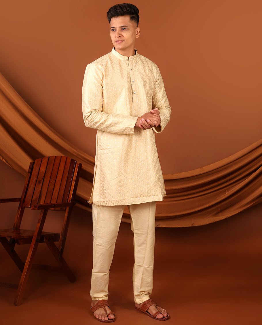 Sandal Sequins-Thread Jaal-Design Embroidered Full-Sleeved Men's Kurta