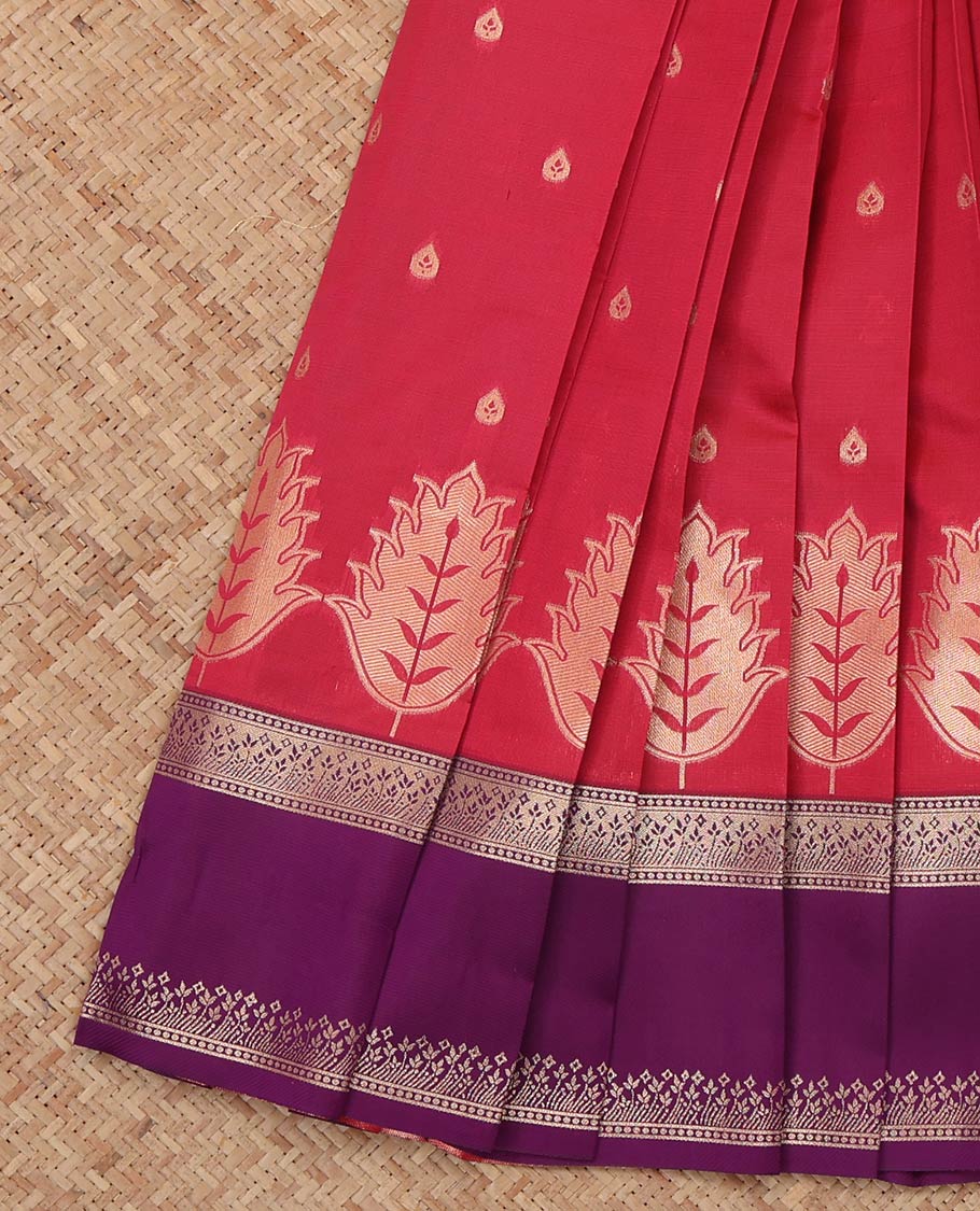 Red Litchi Saree, Detailed with Zari Buttas, a Contrast Traditional Rettai Pettu Border, Grand Pallu, and a Contrast Blouse