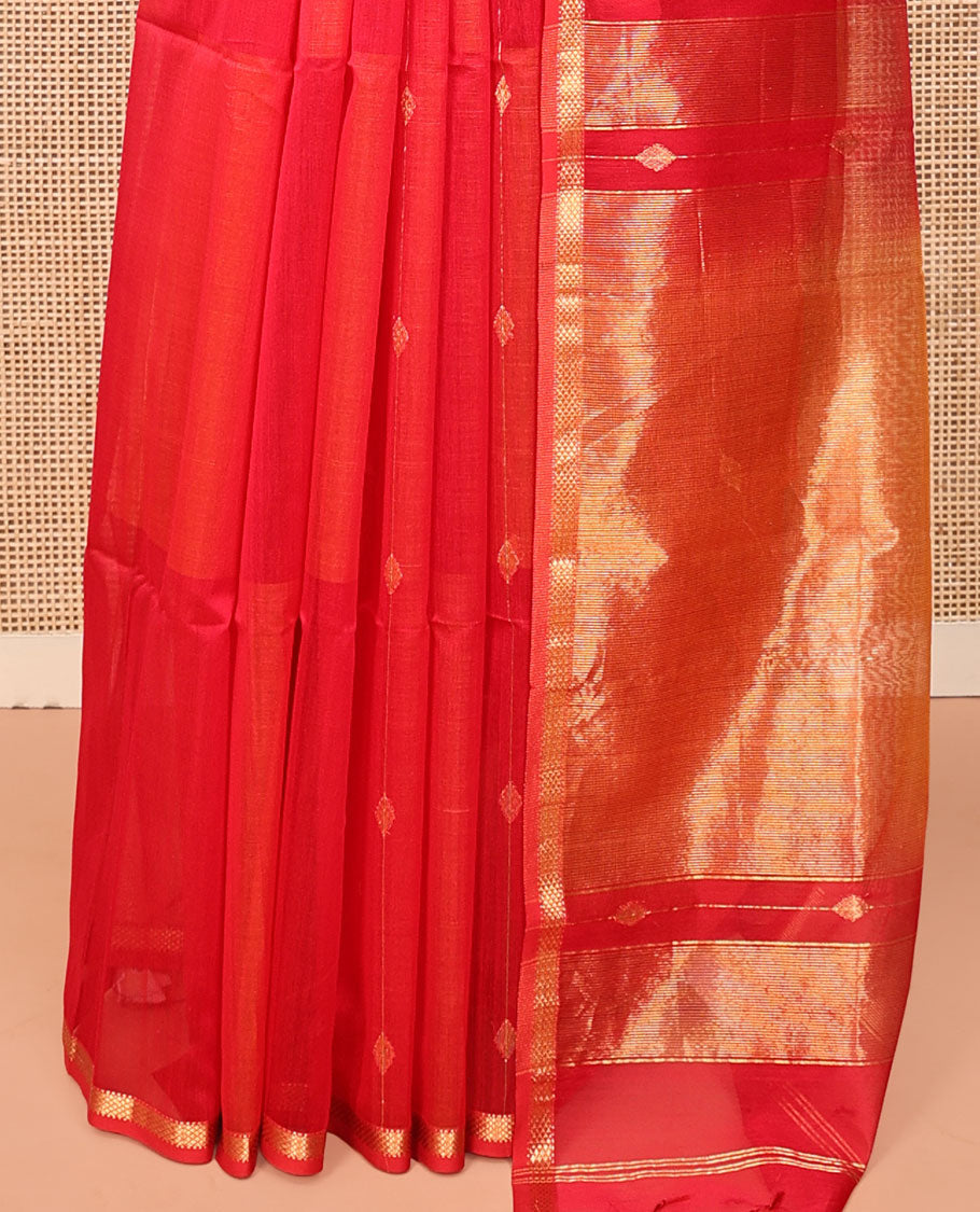 Red Maheshwari Cotton Saree, Uniquely Detailed with Diamond Buttas on Its Body, Highlighted by Piping Zari Design Border, Gleaming Pallu of Zari Stripes, and Paired with a Matching Blouse