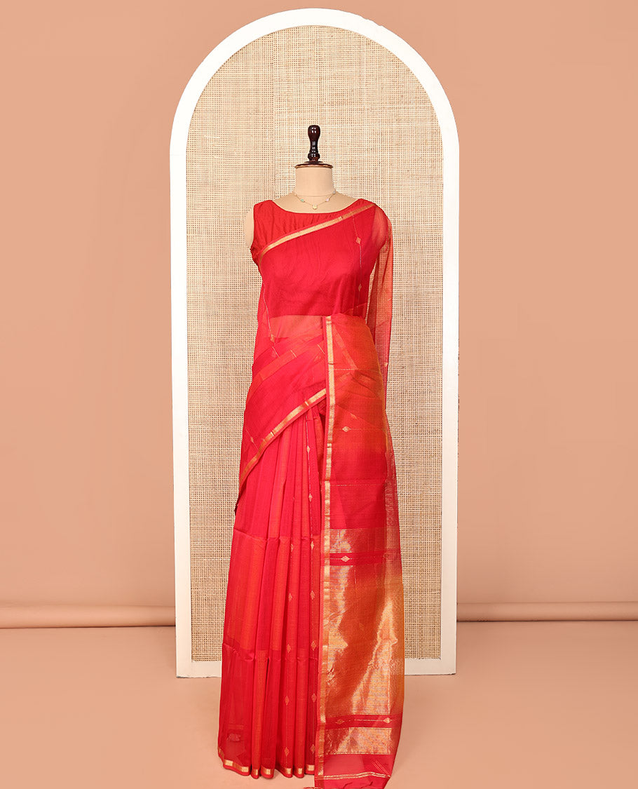 Red Maheshwari Cotton Saree, Uniquely Detailed with Diamond Buttas on Its Body, Highlighted by Piping Zari Design Border, Gleaming Pallu of Zari Stripes, and Paired with a Matching Blouse