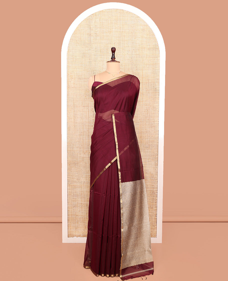Maroon Plain Maheshwari Cotton Saree, Subtly Woven Zari Piping Border, Gleaming Zari Design Pallu and Paired with a Matching Blouse