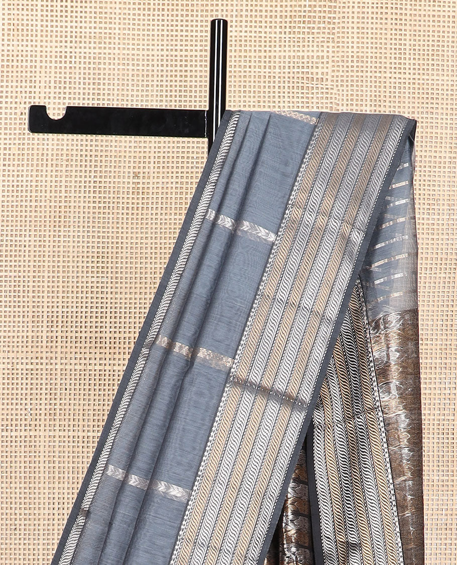 Grey striped maheshwari cotton saree with contrast zari design border & striped, floral design pallu