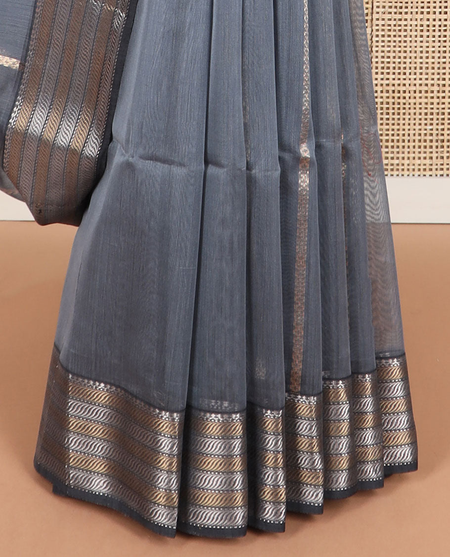Grey striped maheshwari cotton saree with contrast zari design border & striped, floral design pallu