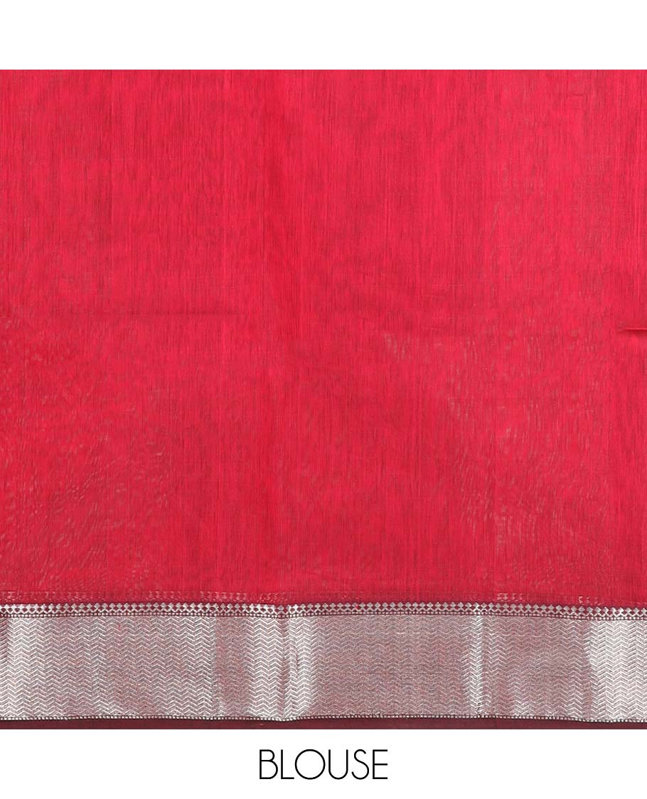 Red Maheshwari Cotton Saree Bedecked with Floral Zari Buttas, Graced with Contrast Chevron Striped Zari Border, Pallu Elevated with Zari Stripes, and Paired with a Matching Blouse